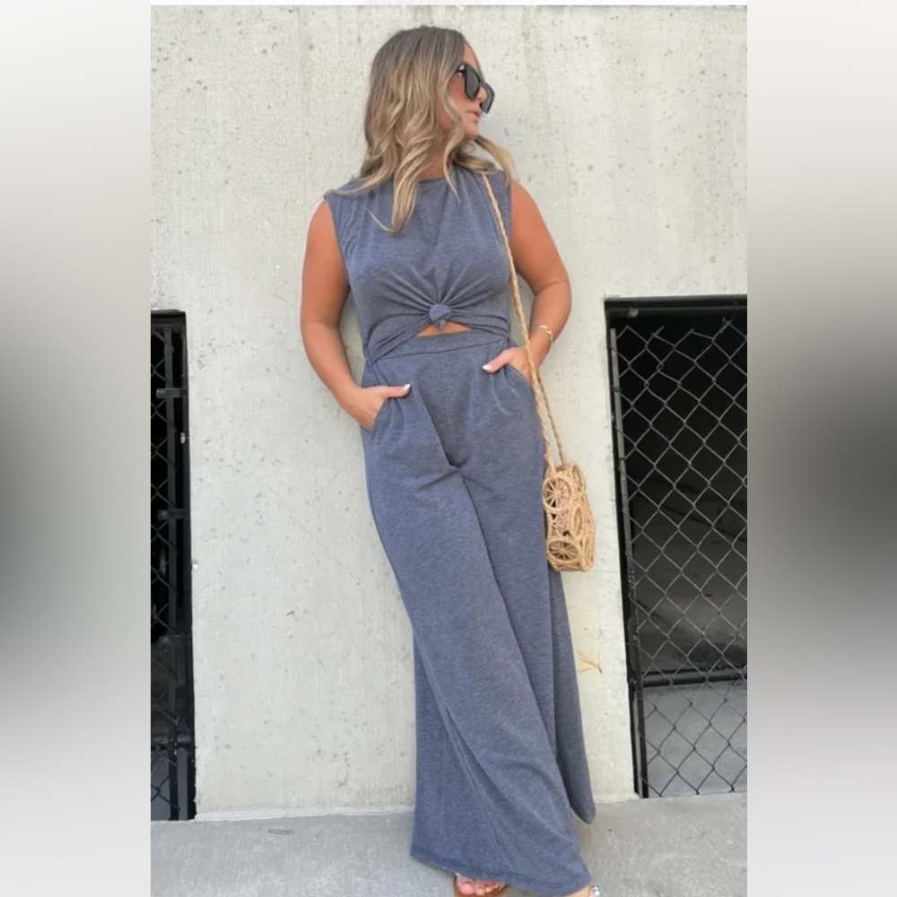 Boutique Open Front Wide Leg Jumpsuit Red Brown Medium - Picture 3 of 14